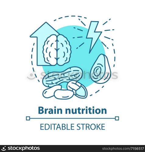 Brain nutrition concept icon. Keto diet idea thin line illustration. Ketogenic food, snack. Balanced meal. Different nuts. Energy resource. Vector isolated outline drawing. Editable stroke