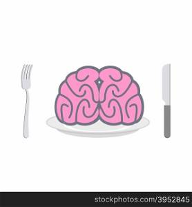 Brain on plate. Cutlery: knife and fork. Allegory of Food vector illustration. Delicacy for zombies&#xA;