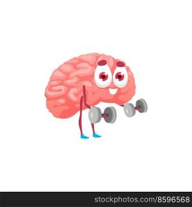 Brain power, cartoon character lifting dumbbells isolated memory training emoticon. Vector strong mind doing exercises in gym, mental health, iq. Creative brain mascot with barbells, fitness sport. Cartoon brain lifting dumbbells isolated emoticon