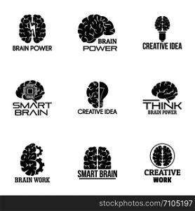 Brain power logo set. Simple set of 9 brain power vector logo for web design on white background. Brain power logo set, simple style
