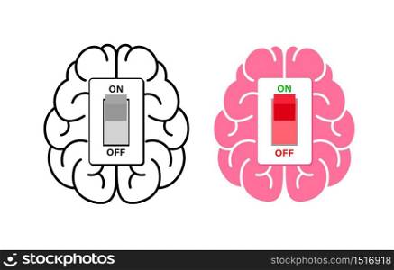 Brain power switch, turned on working fine, awake. Switch off negative thinking concept. Illustration isolated on white background.