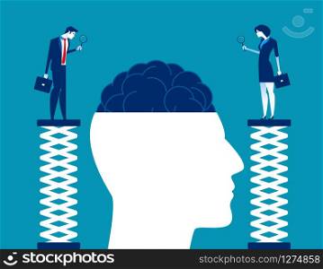 Brain research, Business team closer inspection and testing brain. Concept business vector illustration, Flat cartoon style,