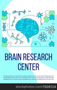 Brain research center poster flat silhouette vector template. Neurology clinic brochure, booklet one page concept design with cartoon characters. Neuroscience flyer, leaflet with text space. Brain research center poster flat silhouette vector template