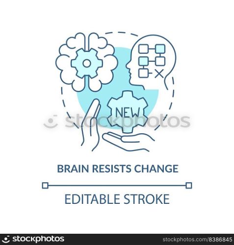 Brain resists change turquoise concept icon. Resisting changes reason abstract idea thin line illustration. Isolated outline drawing. Editable stroke. Arial, Myriad Pro-Bold fonts used. Brain resists change turquoise concept icon