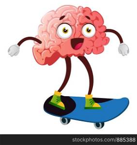 Brain riding a skateboard, illustration, vector on white background.