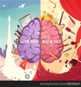 Brain Right Left Sides Cartoon Poster. Human brain left and right side difference educative learning aid retro cartoon symbolic poster print vector illustration