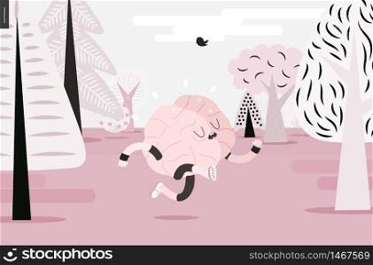 Brain running through the forest - a vector illustration of a running brain wearing sporting wear running among the trees, pink version. Brain running in the forest, pink version