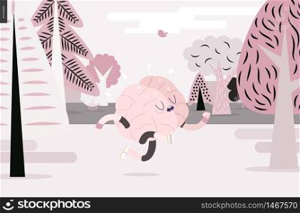 Brain running through the forest - a vector illustration of a running brain wearing sporting wear running among the trees, white and pink version. Brain running in the forest, white and pink version