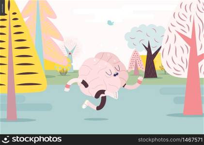 Brain running through the forest - a vector illustration of a running brain wearing sporting wear running among the trees, colorful pastel version. Brain running in the forest, white and pink version
