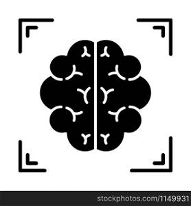 Brain scan glyph icon. Neuroimaging. Nervous system structure analysis. Medical procedure. Hospital examination. Neurology. Silhouette symbol. Negative space. Vector isolated illustration