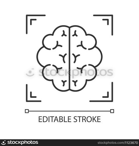 Brain scan linear icon. Neuroimaging. Nervous system structure analysis. Medical procedure. Neurology. Thin line illustration. Contour symbol. Vector isolated outline drawing. Editable stroke