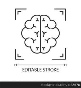 Brain scan linear icon. Neuroimaging. Nervous system structure analysis. Medical procedure. Neurology. Thin line illustration. Contour symbol. Vector isolated outline drawing. Editable stroke