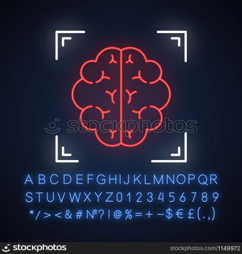 Brain scan neon light icon. Neuroimaging. Nervous system structure analysis. Medical procedure. Neurology. Glowing sign with alphabet, numbers and symbols. Vector isolated illustration