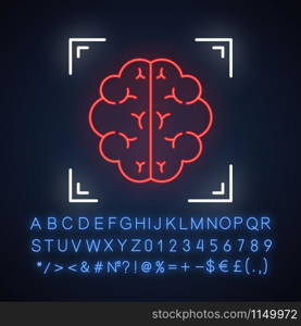 Brain scan neon light icon. Neuroimaging. Nervous system structure analysis. Medical procedure. Neurology. Glowing sign with alphabet, numbers and symbols. Vector isolated illustration