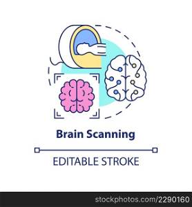 Brain scanning concept icon. Neurology research. Diagnostic imaging abstract idea thin line illustration. Isolated outline drawing. Editable stroke. Arial, Myriad Pro-Bold fonts used. Brain scanning concept icon