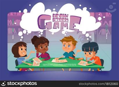Brain storm game cartoon landing page. Kids playing boardgame at school or kindergarten. Multiracial children sitting around of table painting and chatting in room with bookcases, vector web banner. Brain storm game cartoon landing page, boardgame