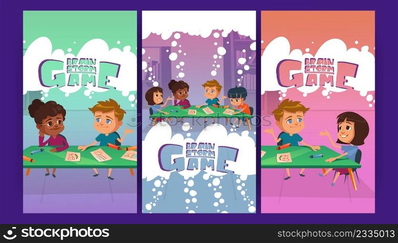 Brain storm game cartoon posters. Kids playing boardgame at school or kindergarten. Multiracial children sitting around of table painting and chatting, play board quiz puzzle, Vector banners, flyers. Brain storm game cartoon posters, kids playing