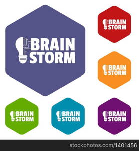 Brain storm icons vector colorful hexahedron set collection isolated on white . Brain storm icons vector hexahedron