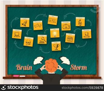 Brain storm. Man and blackboard. Idea business, businessman think, success and solution, head storming, mind and inspiration, start-up. Brainstorm, brainstorming idea, thinking, innovation brain power