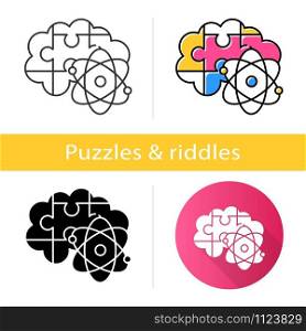 Brain teaser icon. Science puzzle, riddle, logic game. Mental exercise. Challenge. Ingenuity, intelligence test. Solution finding. Flat design, linear and color styles. Isolated vector illustrations
