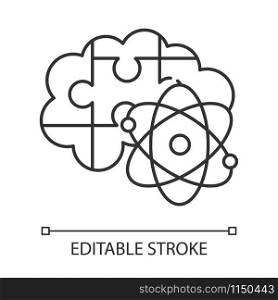 Brain teaser linear icon. Science puzzle, riddle, logic game. Mental exercise. Challenge. Intelligence test. Thin line illustration. Contour symbol. Vector isolated outline drawing. Editable stroke