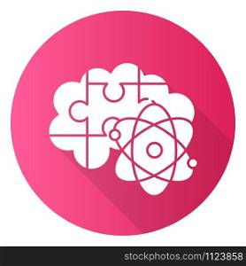Brain teaser pink flat design long shadow glyph icon. Science puzzle, riddle, logic game. Mental exercise. Ingenuity, knowledge, intelligence test. Problem solving. Vector silhouette illustration