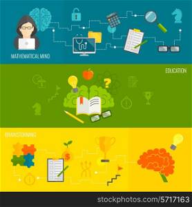 Brain thinking banner flat set with mathematical mind brainstorming education isolated vector illustration