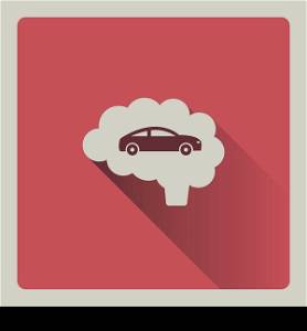Brain thinking in car illustration on red background with shade