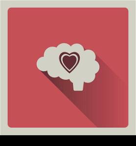 Brain thinking in love illustration on red background with shade