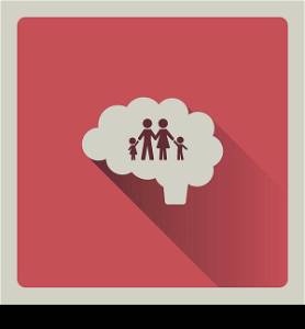 Brain thinking in the family illustration on red background with shade