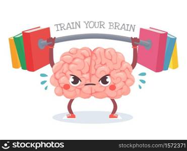 Brain training. Cartoon brain lifts weight with books. Train your memory, studying, learning and knowledge education vector concept. Character sweating with barbell, workout for mind. Brain training. Cartoon brain lifts weight with books. Train your memory, studying, learning and knowledge education vector concept