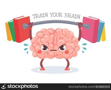 Brain training. Cartoon brain lifts weight with books. Train your memory, studying, learning and knowledge education vector concept. Character sweating with barbell, workout for mind. Brain training. Cartoon brain lifts weight with books. Train your memory, studying, learning and knowledge education vector concept
