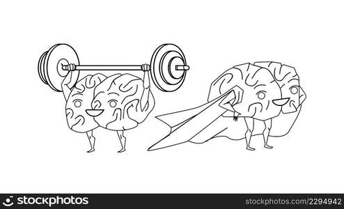 Brain Training With Barbell And Superhero Black Line Pencil Drawing Vector. Brain Training With Sport Gym Accessory And Wearing Super Hero Cape Clothing Accessory. Characters Anatomy Organ Strong. Brain Training With Barbell And Superhero Vector