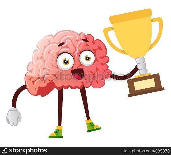 Brain winning a trophy, illustration, vector on white background.