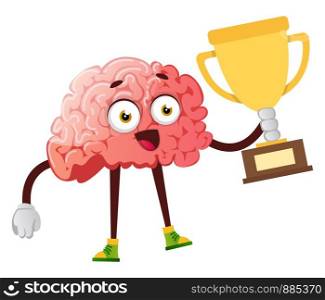 Brain winning a trophy, illustration, vector on white background.