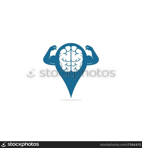 Brain with big muscles and GPS pointer shape vector logo design. Brain, intellect power. Willpower concept. high IQ concept. Brain with strong double biceps. Vector illustration.