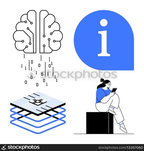 Brain with binary code, information bubble, processor layers, person with tablet. Ideal for artificial intelligence, technology, data science, research, machine learning digital transformation. AI-driven decision making with neural network visualization and user interaction