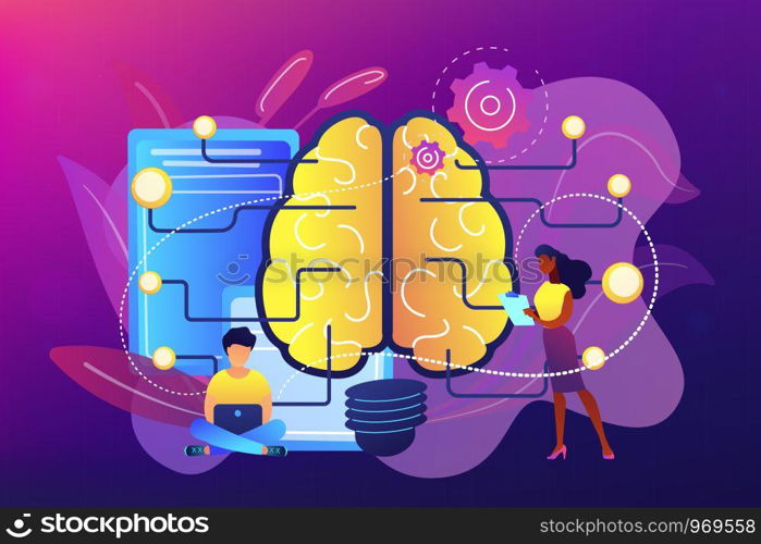 Brain with circuit and programmer. Artificial intelligence, machine learning and data science, cognitive computing concept on ultraviolet background. Bright vibrant violet vector isolated illustration. Artificial intelligence concept vector illustration.