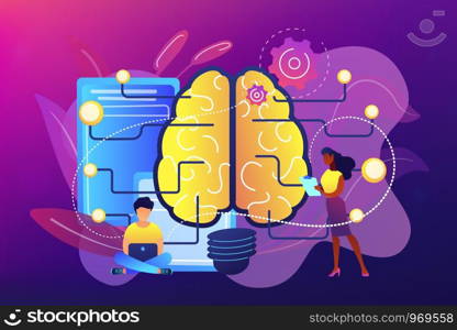 Brain with circuit and programmer. Artificial intelligence, machine learning and data science, cognitive computing concept on ultraviolet background. Bright vibrant violet vector isolated illustration. Artificial intelligence concept vector illustration.