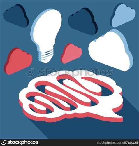 Brain with light bulb and clouds made in 3d flat design cartoon style