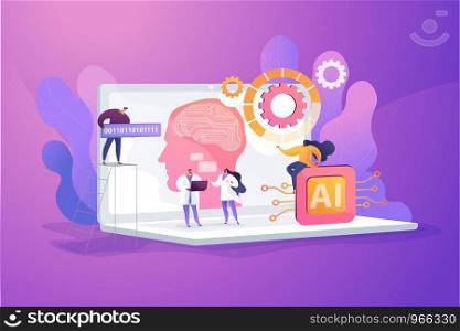 Brain with neural network on laptop and scientists, tiny people. Artificial intelligence,machine learning, data science and cognitive computing concept. Vector isolated concept creative illustration.. Artificial intelligence concept vector illustration.