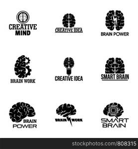 Brain work logo set. Simple set of 9 brain work vector logo for web design on white background. Brain work logo set, simple style