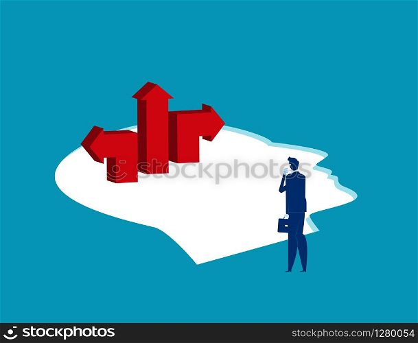 Brains and direction. Businessman standing and thinking. Concept business vector illustration. Flat character, Cartoon style design.. Brains and direction. Businessman standing and thinking. Concept business vector illustration. Flat character, Cartoon style design.