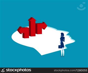 Brains and direction. Businesswoman standing and thinking. Concept business vector illustration. Flat character, Cartoon style design.