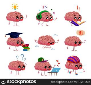Brains character read books, listen music, ride roller and meditation in clouds. Creative ideas and education vector thinking cute face comic concept. Brains character read books, listen music, ride roller and meditation in clouds. Creative ideas and education vector concept