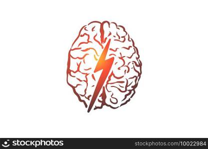 Brainstorm, creative, brain, mind, power concept. Hand drawn human brain and thunder concept sketch. Isolated vector illustration.. Brainstorm, creative, brain, mind, power concept. Hand drawn isolated vector.