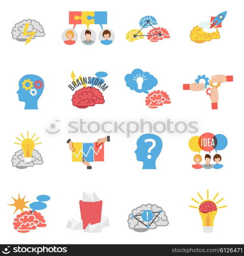 Brainstorm Creative Flat Icons Set. Brainstorm creative isolated flat color icons set with human head brain lamp bulb vector illustration