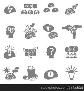 Brainstorm Flat Icons Set. Set of flat monochrome brainstorm icons with brains lightbulbs ideas and other abstract elements isolated vector illustrarion