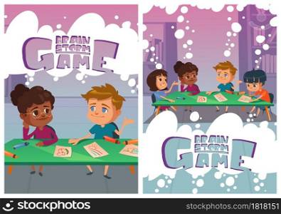 Brainstorm game posters with thinking children in school. Concept of brainstorming, teamwork and conversation. Vector flyers with cartoon illustration of kids dispute at table with pictures. Brainstorm game posters with thinking children