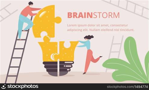 Brainstorm Horizontal Banner. Office People Work Together Setting Up Huge Light Bulb Separated on Puzzle Pieces Standing on Ladders. Businesspeople Teamwork Process. Cartoon Flat Vector Illustration. Brainstorm Office People Working Horizontal Banner